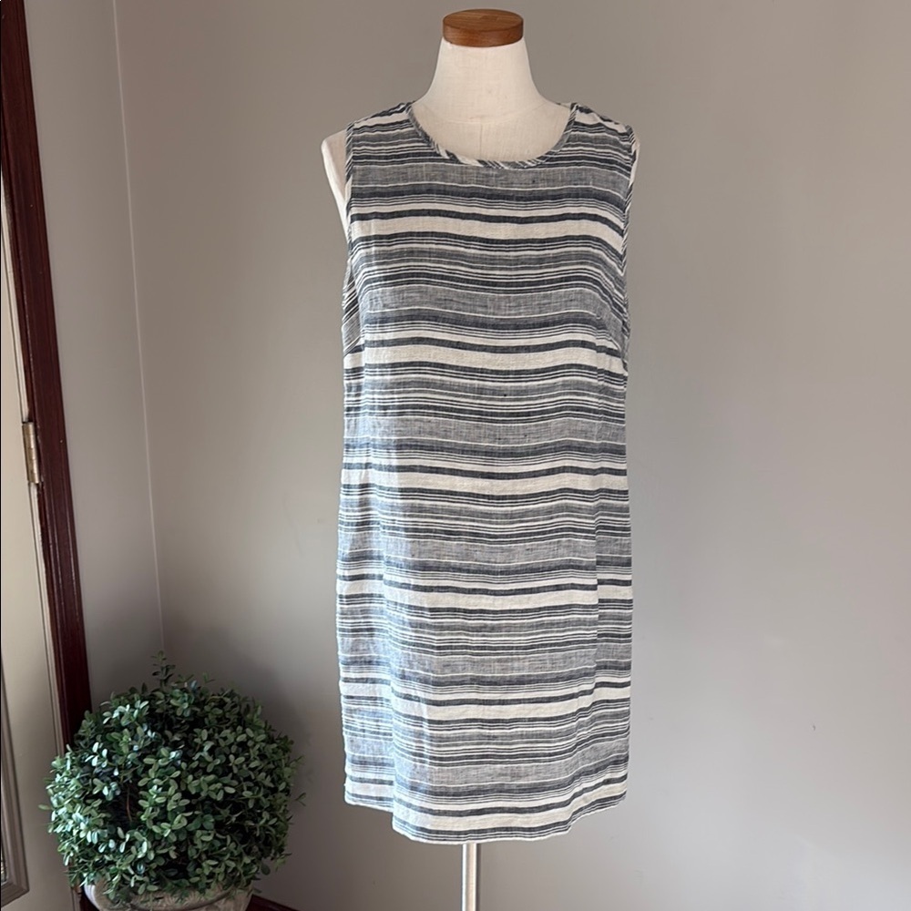 KENAR 100% linen Striped Sleeveless casual Dress
Denim blue with ivory cool 10